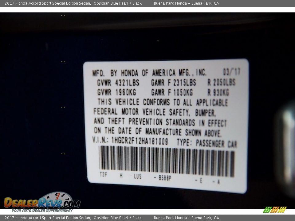 2017 Honda Accord Sport Special Edition Sedan Obsidian Blue Pearl / Black Photo #17