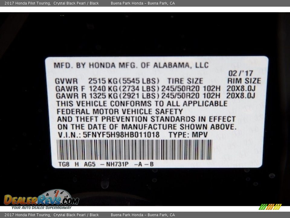 2017 Honda Pilot Touring Crystal Black Pearl / Black Photo #21