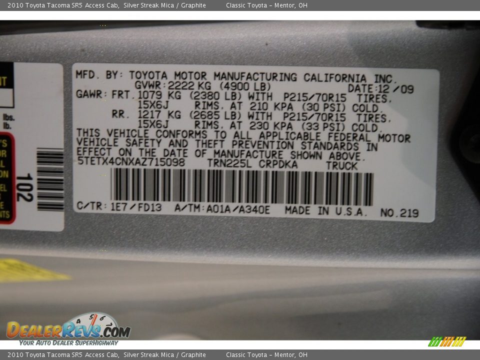 2010 Toyota Tacoma SR5 Access Cab Silver Streak Mica / Graphite Photo #15