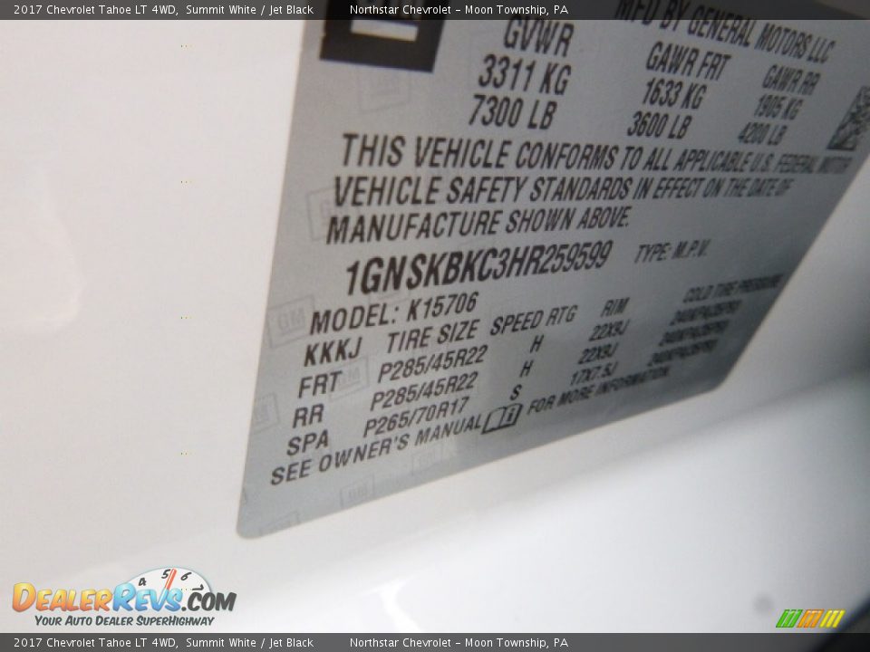 2017 Chevrolet Tahoe LT 4WD Summit White / Jet Black Photo #17