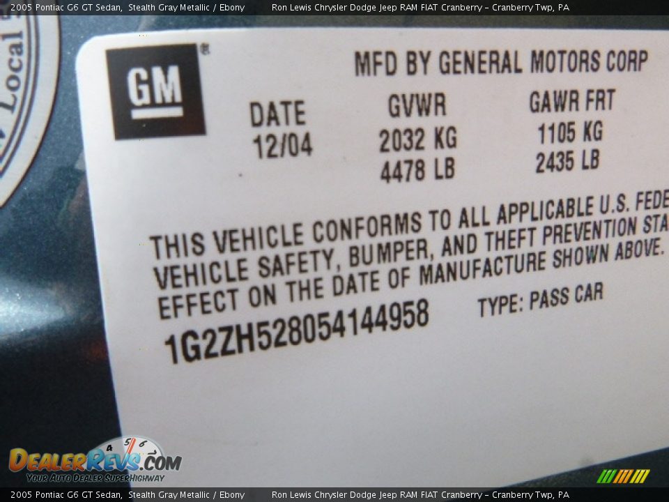 2005 Pontiac G6 GT Sedan Stealth Gray Metallic / Ebony Photo #17