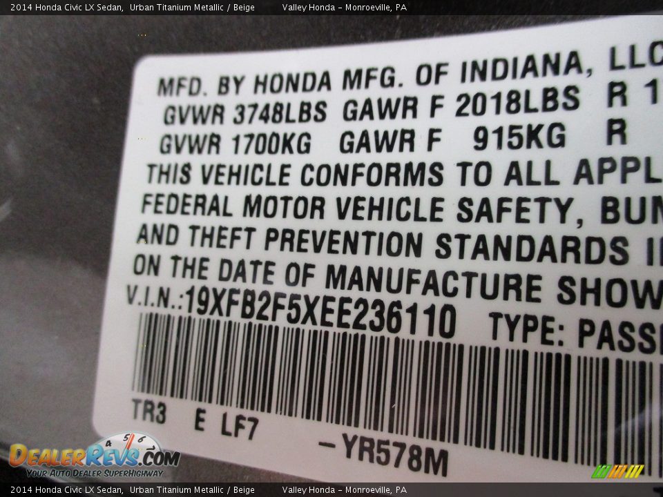 2014 Honda Civic LX Sedan Urban Titanium Metallic / Beige Photo #19