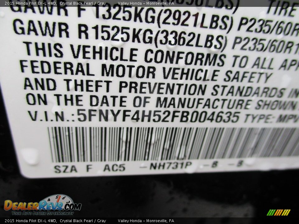 2015 Honda Pilot EX-L 4WD Crystal Black Pearl / Gray Photo #19