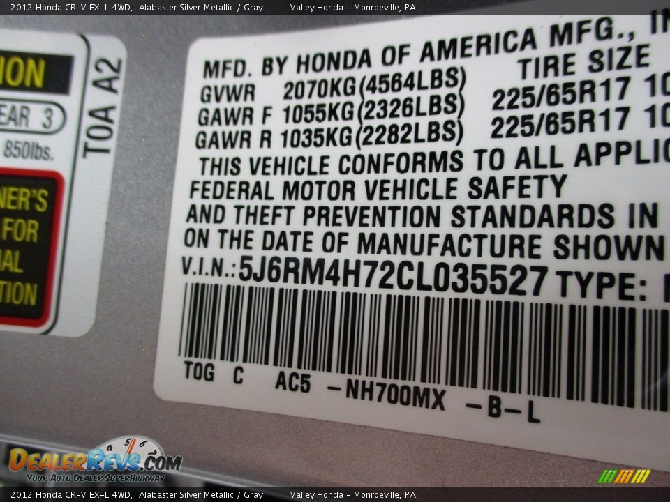 2012 Honda CR-V EX-L 4WD Alabaster Silver Metallic / Gray Photo #19