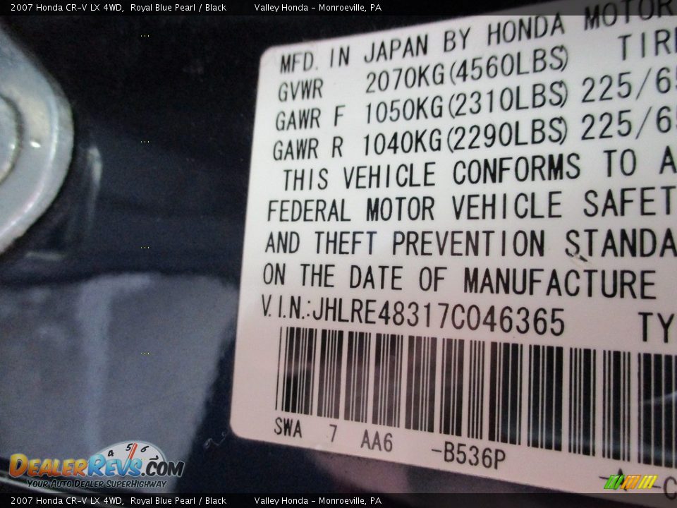 2007 Honda CR-V LX 4WD Royal Blue Pearl / Black Photo #19