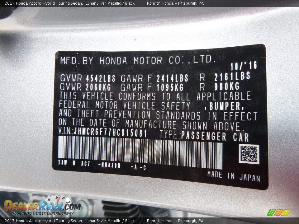 2017 Honda Accord Hybrid Touring Sedan Lunar Silver Metallic / Black Photo #10
