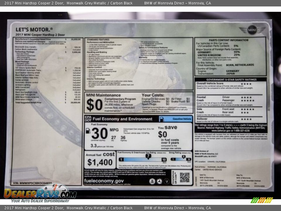 2017 Mini Hardtop Cooper 2 Door Moonwalk Grey Metallic / Carbon Black Photo #10
