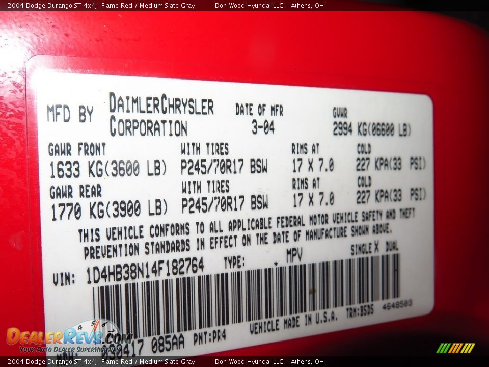 2004 Dodge Durango ST 4x4 Flame Red / Medium Slate Gray Photo #32
