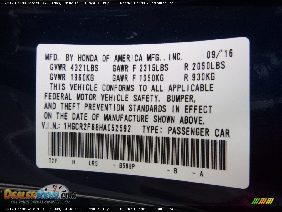 2017 Honda Accord EX-L Sedan Obsidian Blue Pearl / Gray Photo #10