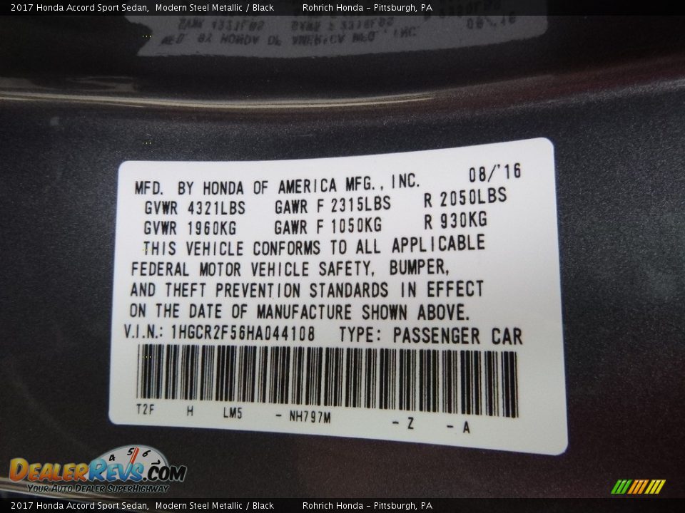 2017 Honda Accord Sport Sedan Modern Steel Metallic / Black Photo #10