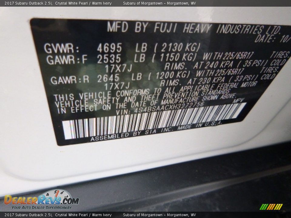 2017 Subaru Outback 2.5i Crystal White Pearl / Warm Ivory Photo #17