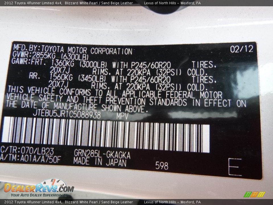 2012 Toyota 4Runner Limited 4x4 Blizzard White Pearl / Sand Beige Leather Photo #12