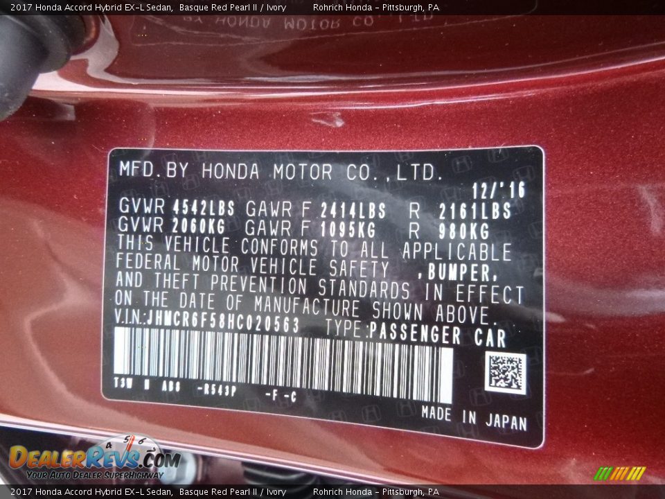 2017 Honda Accord Hybrid EX-L Sedan Basque Red Pearl II / Ivory Photo #10