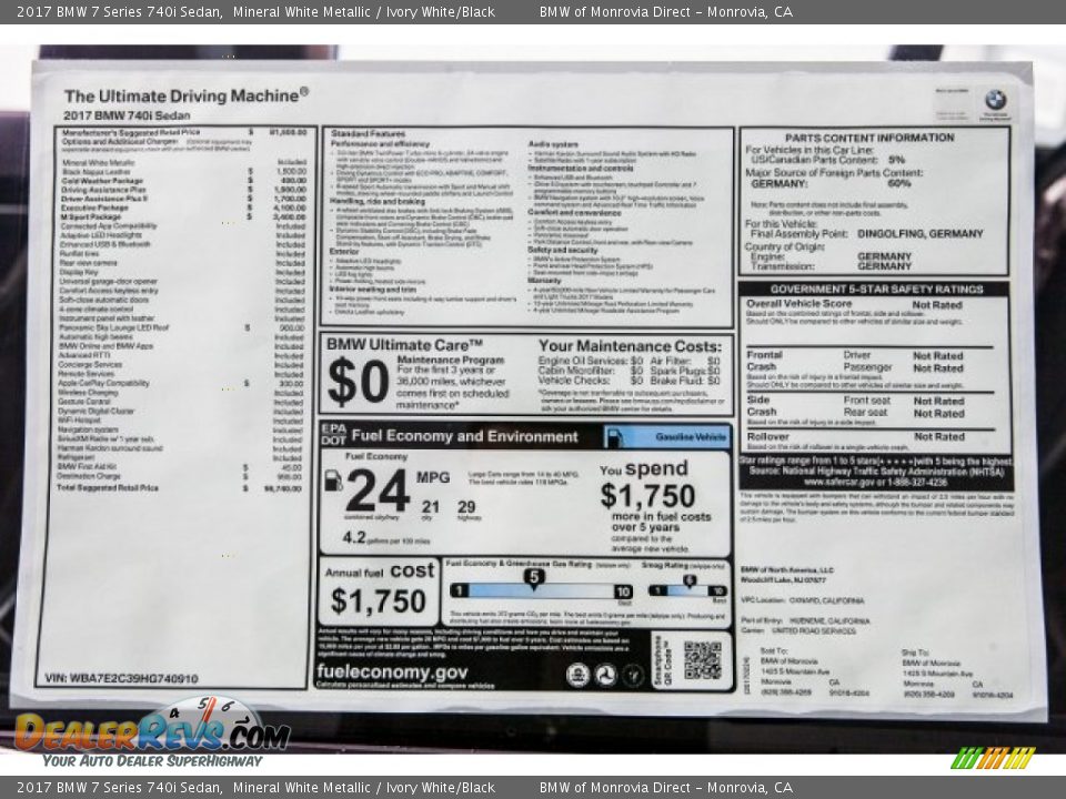 2017 BMW 7 Series 740i Sedan Mineral White Metallic / Ivory White/Black Photo #10