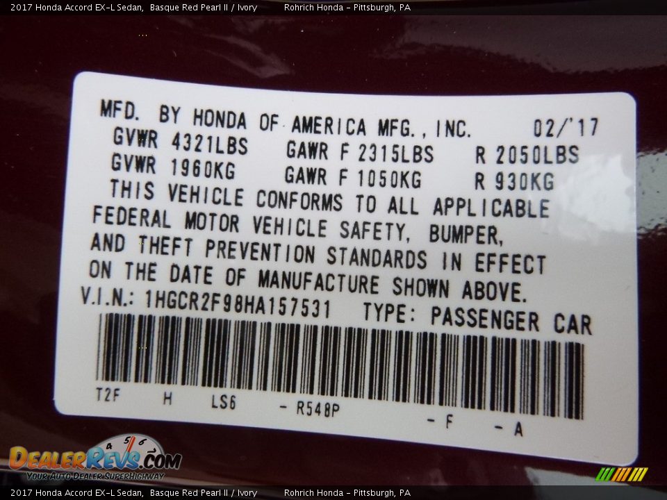 2017 Honda Accord EX-L Sedan Basque Red Pearl II / Ivory Photo #10