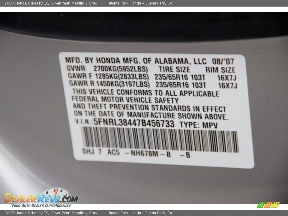 2007 Honda Odyssey EX Silver Pearl Metallic / Gray Photo #29