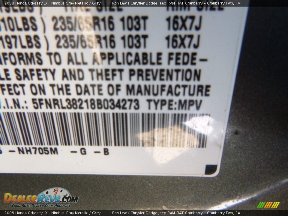 2008 Honda Odyssey LX Nimbus Gray Metallic / Gray Photo #16