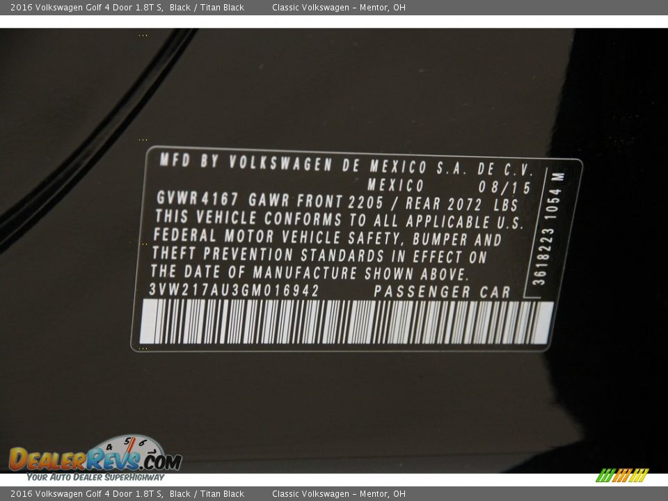 2016 Volkswagen Golf 4 Door 1.8T S Black / Titan Black Photo #21