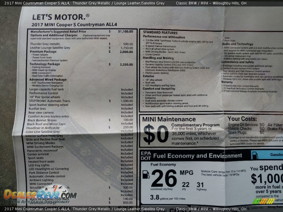 2017 Mini Countryman Cooper S ALL4 Window Sticker Photo #4