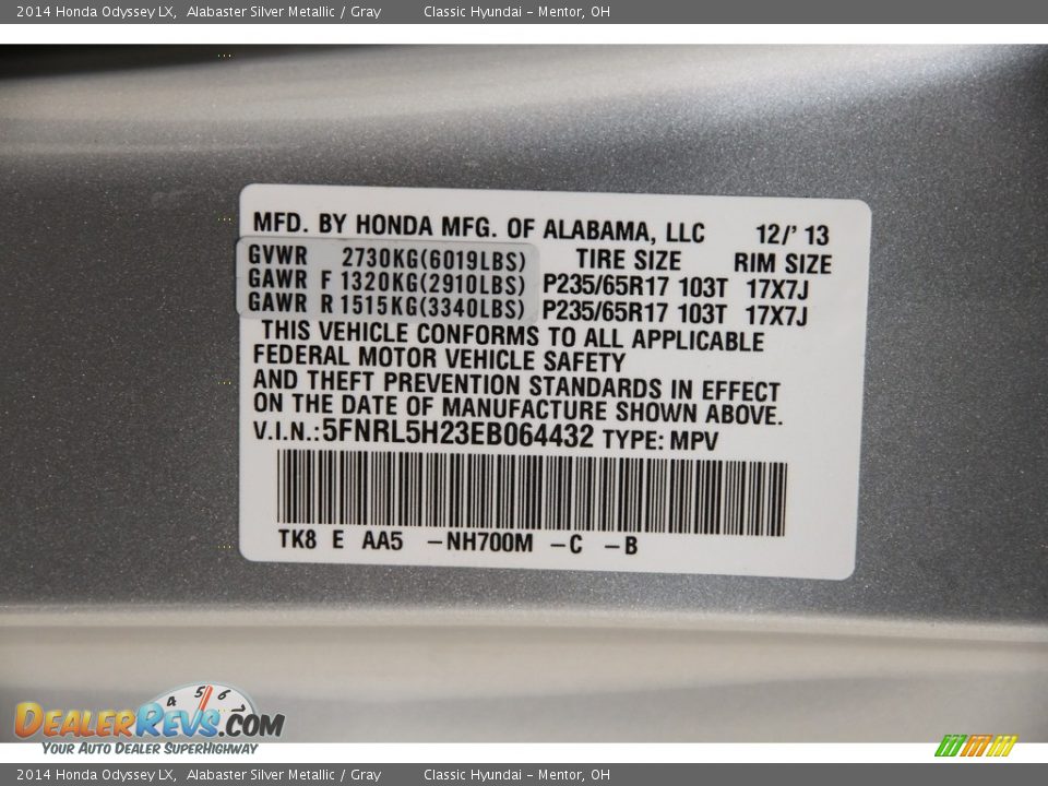 2014 Honda Odyssey LX Alabaster Silver Metallic / Gray Photo #23