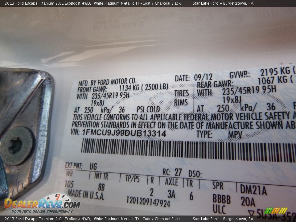 2013 Ford Escape Titanium 2.0L EcoBoost 4WD White Platinum Metallic Tri-Coat / Charcoal Black Photo #13