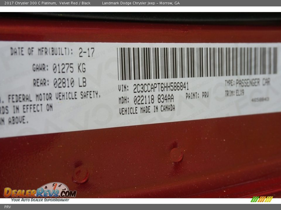 Chrysler Color Code PRV Velvet Red