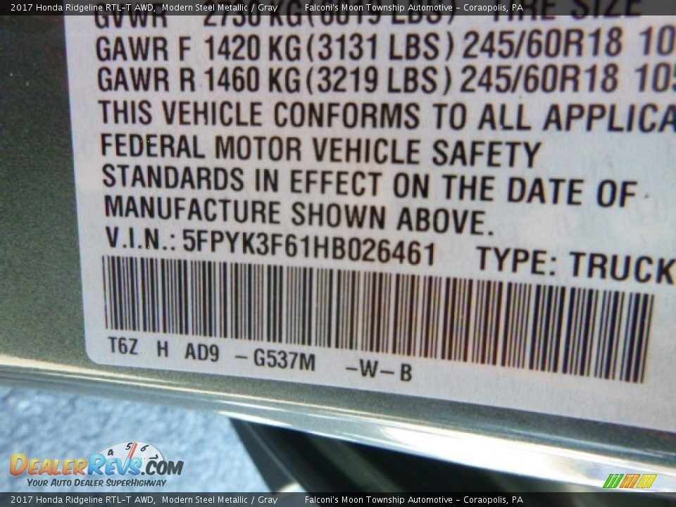 2017 Honda Ridgeline RTL-T AWD Modern Steel Metallic / Gray Photo #14