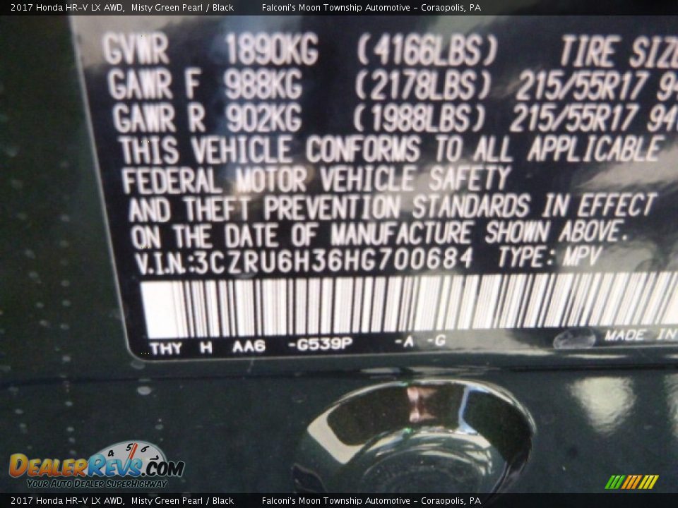 2017 Honda HR-V LX AWD Misty Green Pearl / Black Photo #13