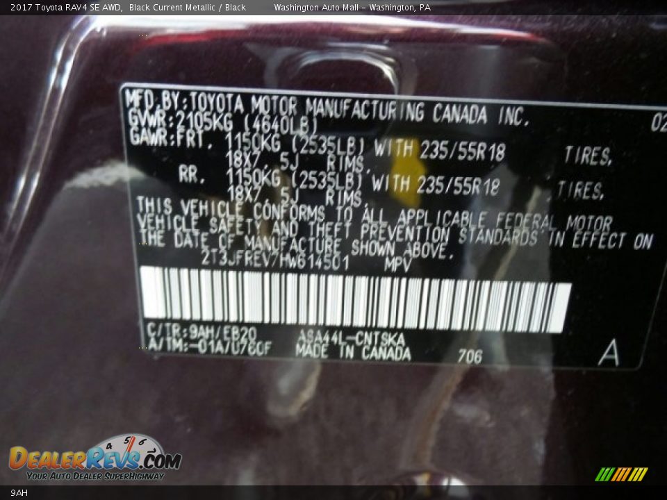 Toyota Color Code 9AH Black Current Metallic