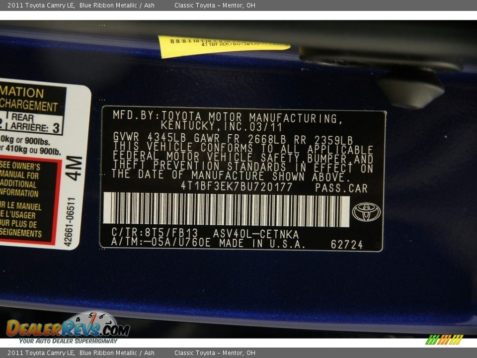 2011 Toyota Camry LE Blue Ribbon Metallic / Ash Photo #16