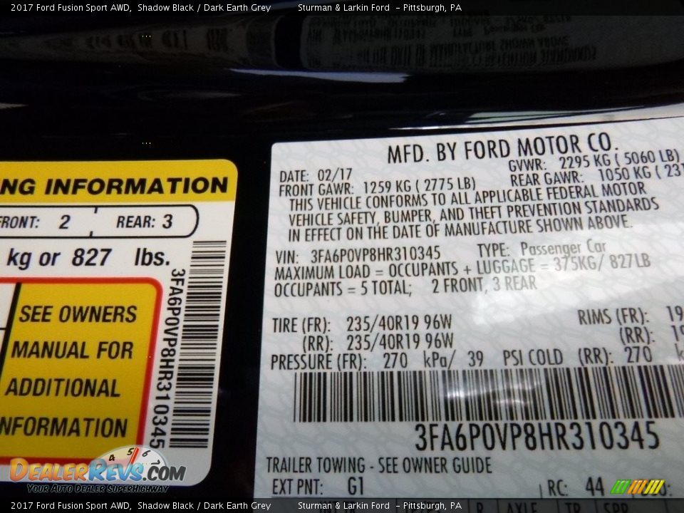2017 Ford Fusion Sport AWD Shadow Black / Dark Earth Grey Photo #11
