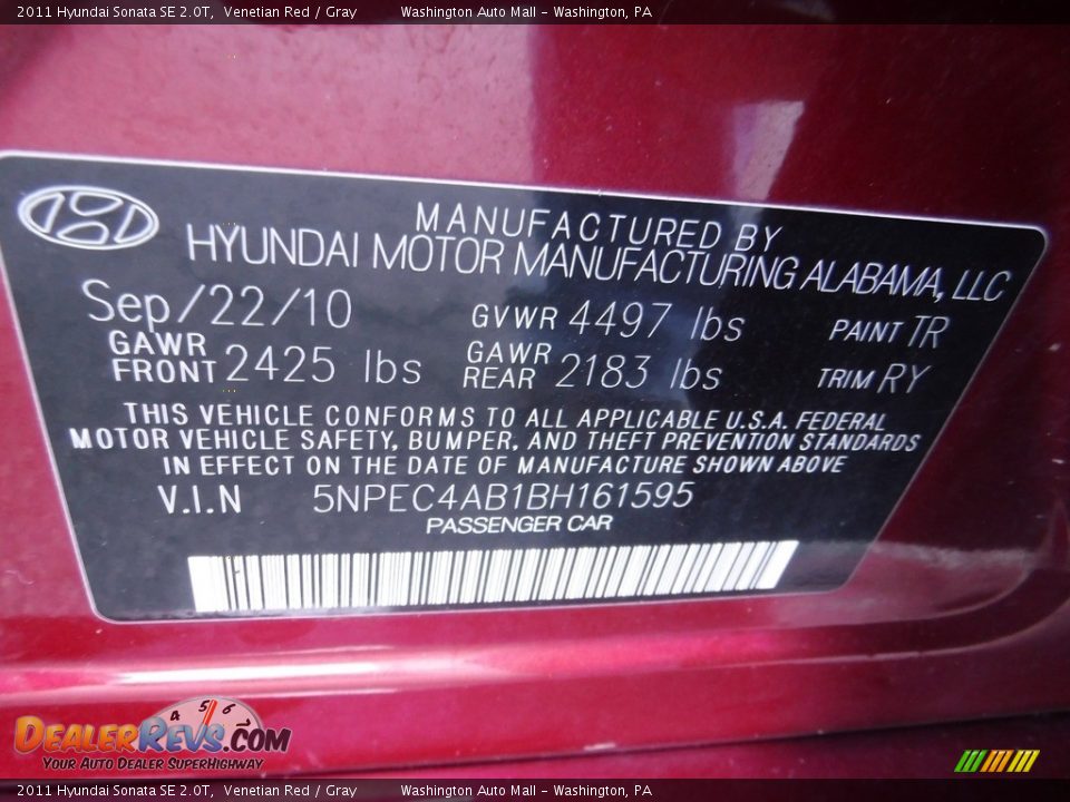 2011 Hyundai Sonata SE 2.0T Venetian Red / Gray Photo #24