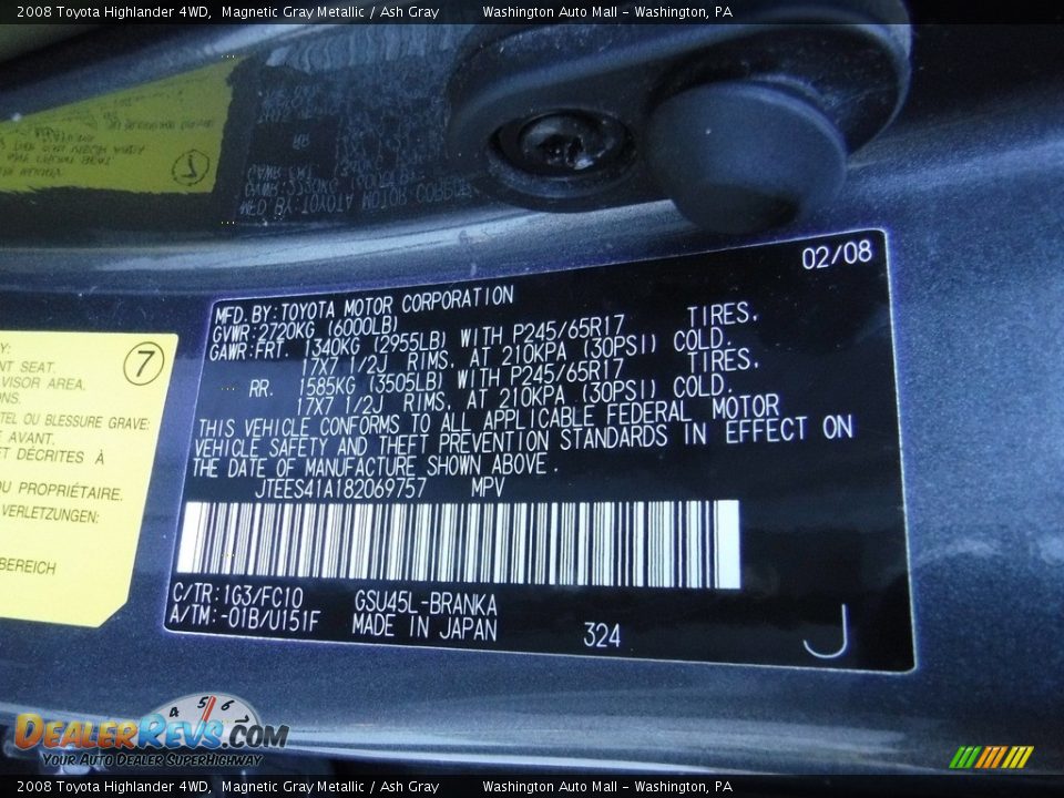 2008 Toyota Highlander 4WD Magnetic Gray Metallic / Ash Gray Photo #29