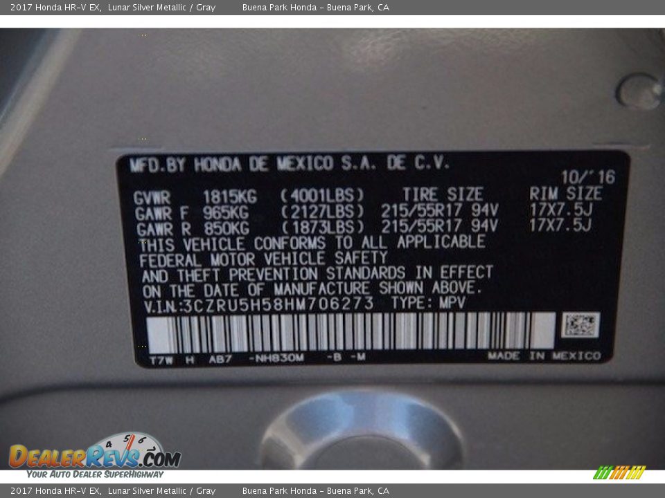 2017 Honda HR-V EX Lunar Silver Metallic / Gray Photo #19