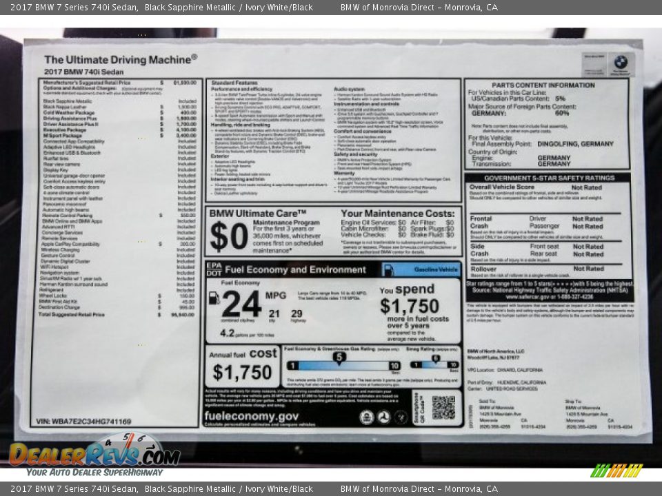 2017 BMW 7 Series 740i Sedan Black Sapphire Metallic / Ivory White/Black Photo #10