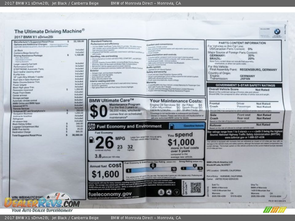 2017 BMW X1 sDrive28i Jet Black / Canberra Beige Photo #10