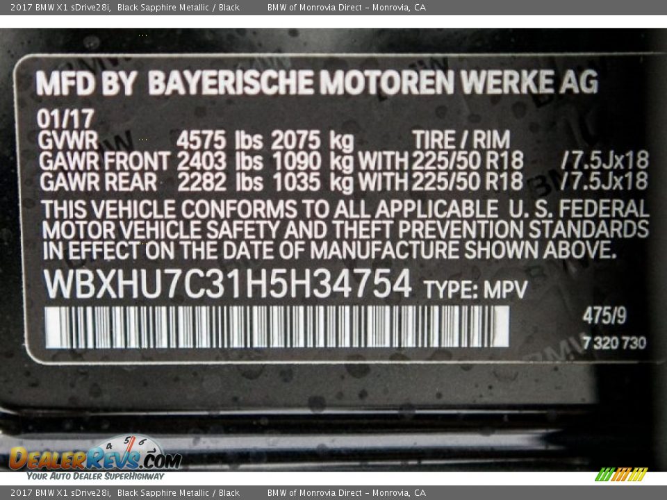 2017 BMW X1 sDrive28i Black Sapphire Metallic / Black Photo #11
