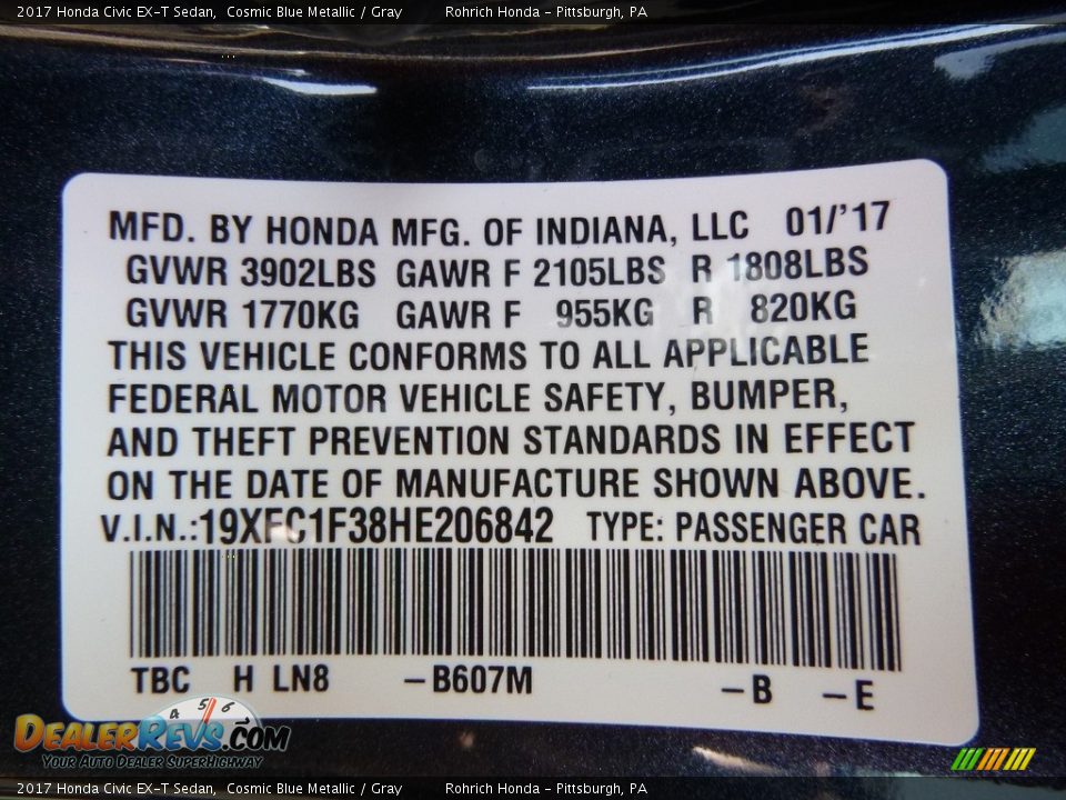 2017 Honda Civic EX-T Sedan Cosmic Blue Metallic / Gray Photo #10