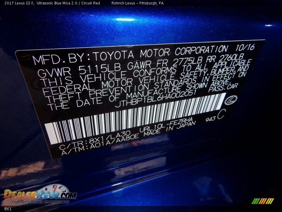 Lexus Color Code 8X1 Ultrasonic Blue Mica 2.0