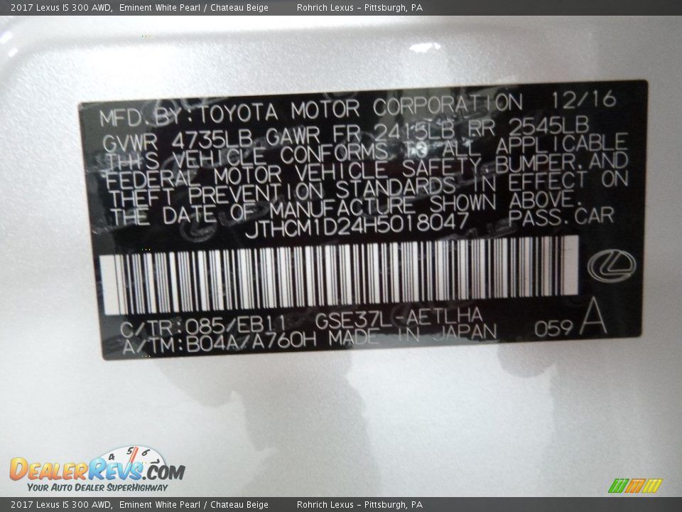 2017 Lexus IS 300 AWD Eminent White Pearl / Chateau Beige Photo #10