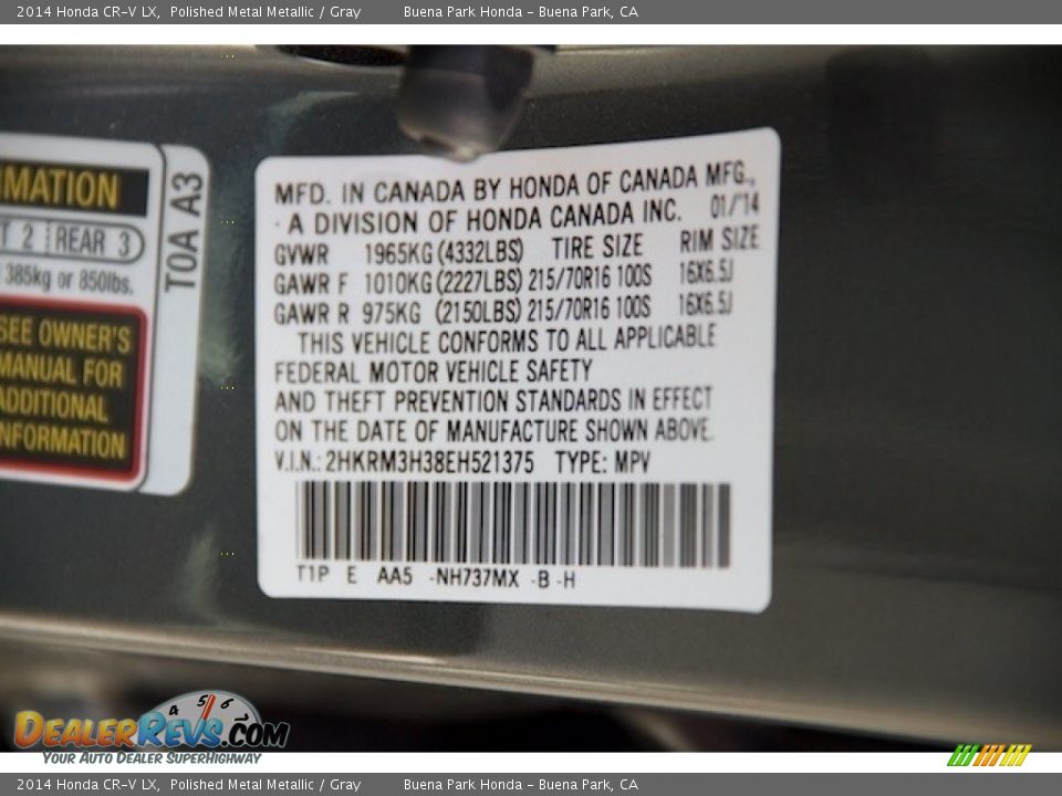 2014 Honda CR-V LX Polished Metal Metallic / Gray Photo #30