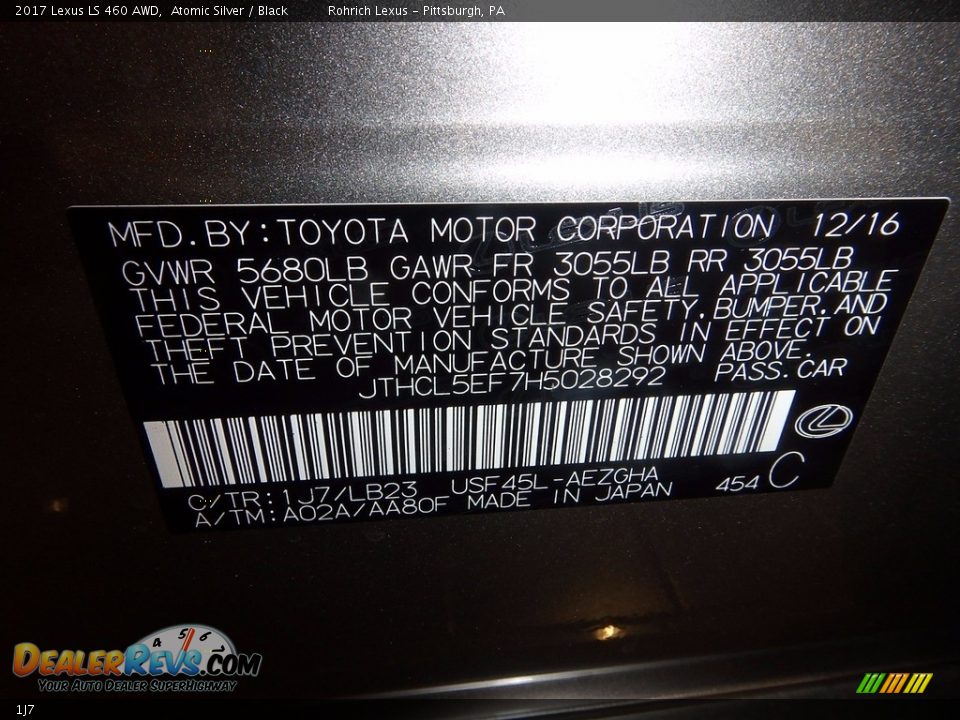 Lexus Color Code 1J7 Atomic Silver