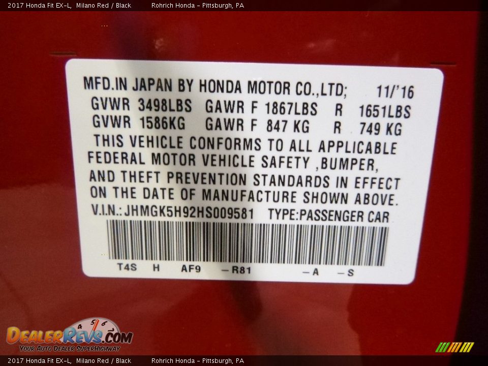 2017 Honda Fit EX-L Milano Red / Black Photo #11