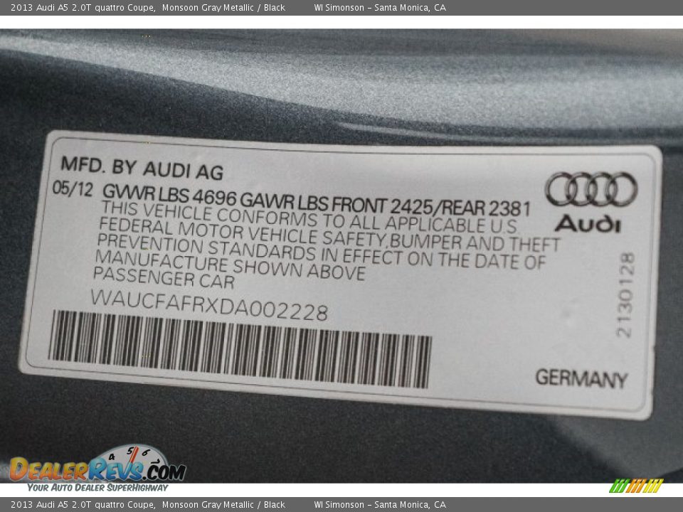 2013 Audi A5 2.0T quattro Coupe Monsoon Gray Metallic / Black Photo #20