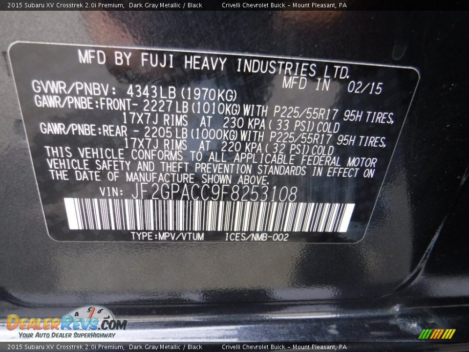 2015 Subaru XV Crosstrek 2.0i Premium Dark Gray Metallic / Black Photo #34