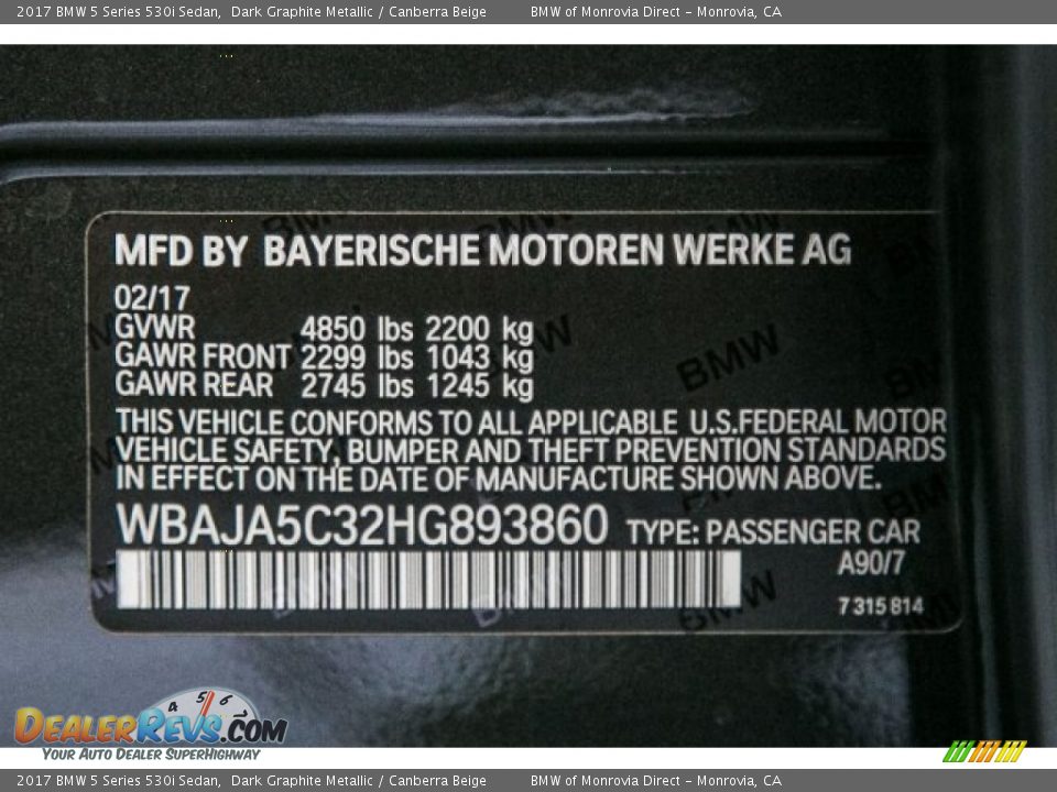 2017 BMW 5 Series 530i Sedan Dark Graphite Metallic / Canberra Beige Photo #11