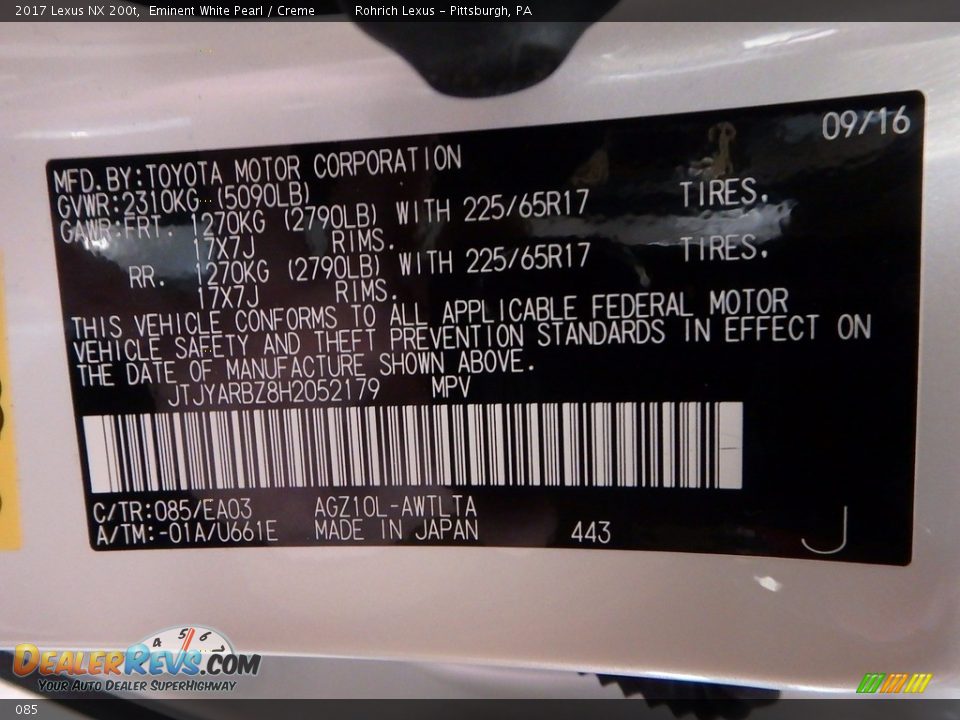 Lexus Color Code 085 Eminent White Pearl