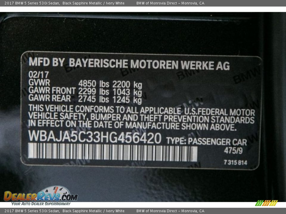 2017 BMW 5 Series 530i Sedan Black Sapphire Metallic / Ivory White Photo #11