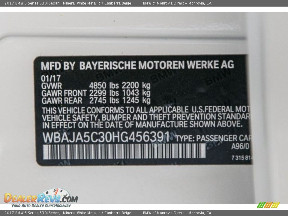 2017 BMW 5 Series 530i Sedan Mineral White Metallic / Canberra Beige Photo #11