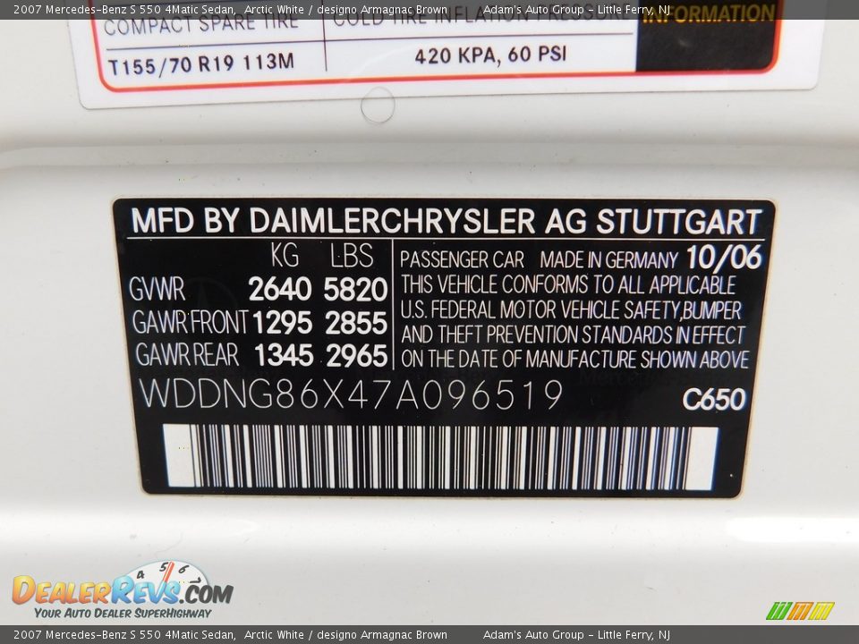 2007 Mercedes-Benz S 550 4Matic Sedan Arctic White / designo Armagnac Brown Photo #10